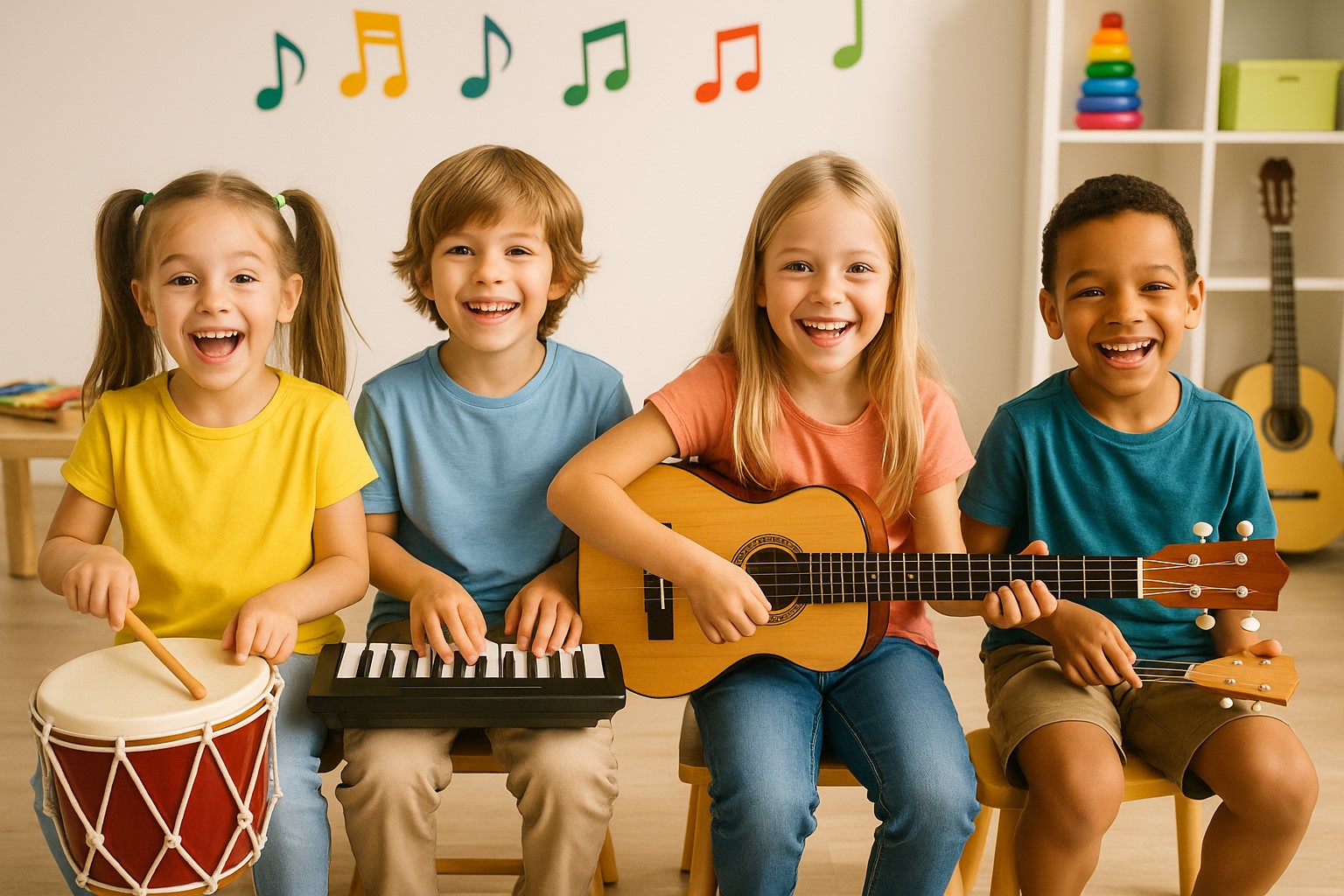 Mais crianças felizes aprendendo música